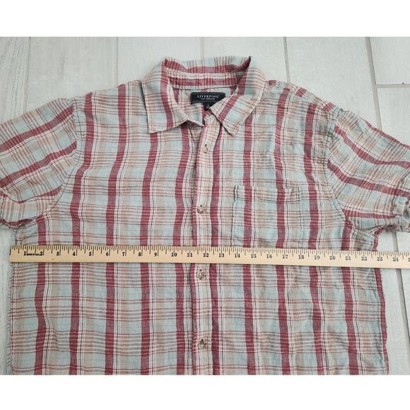 Liverpool Los Angeles Button shirt Plaid Short Sleeve Men's Large Linen Cotton - Picture 4 of 6